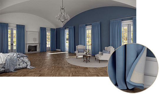 Textiles by MHZ - Wohnzimmer mit blauen Vorhängen