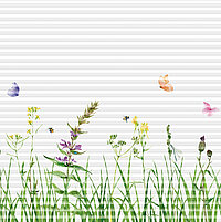 Nahaufnahme eines weissen Plissees mit Aquarellillustration einer Wiese mit Gräsern, Wildblumen, Bienen und mehreren bunten Schmetterlingen.