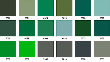 Palette aus Smaragdgrün, Blaugrün, Mint und grünlich-grauen Farbtönen