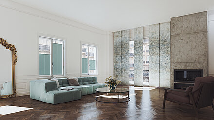 Wohnzimmer mit Flächenvorhang und Plissees im leicht orientalisch angehauchten Dessin ORNAMENT