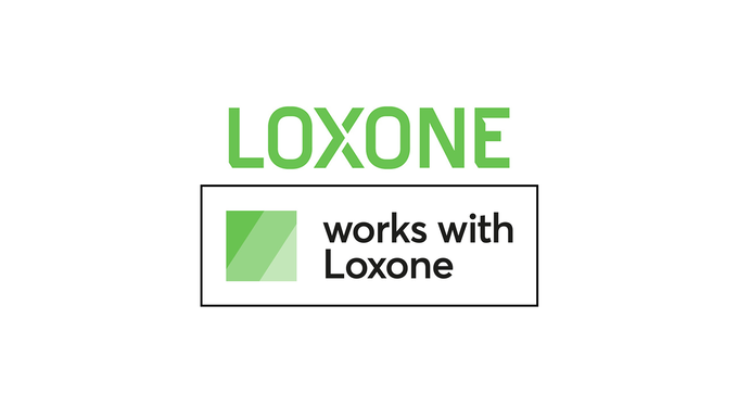 Zwei grüne Loxone-Logos mit Schriftzügen „LOXONE“ und „works with Loxone“ zur Produktkennzeichnung.