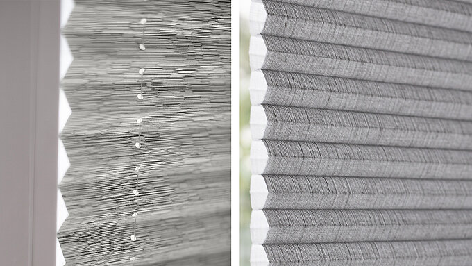 Linke Bildhälfte: klassisches Plissee mit Schnurlöchern. Rechte Bildhälfte: Wabenplissee mit wabenförmiger Struktur.