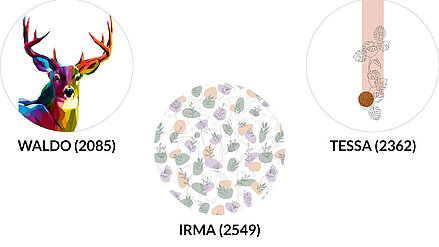 Collage mit drei Rollostoffen aus der Bright Sunset Kollektion: WALDO (2085) mit buntem Hirschmotiv, IRMA (2549) mit floralem Muster in Pastellfarben und TESSA (2362) mit grafischen Blättern auf farbigem Streifen