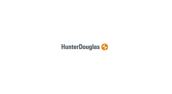 Logo von HunterDouglas mit orangefarbenem Symbol rechts neben dem Markennamen.