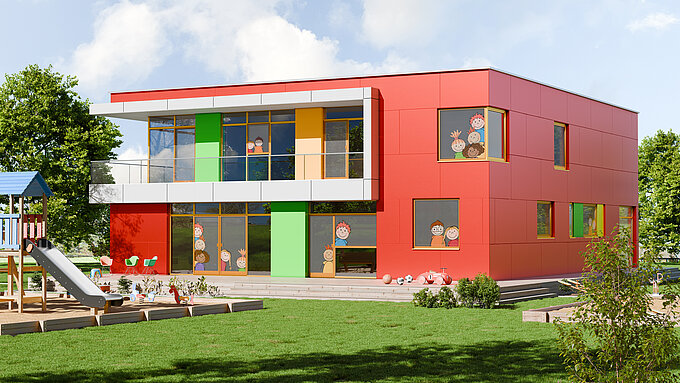 [Translate to Französisch:] MHZ Insektenschutz Gewebe bedruckt Kindergarten