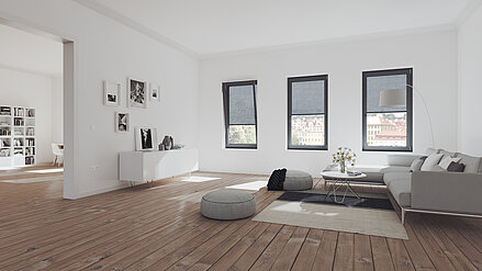 Außenrollos Solix als Sonnenschutz an den Fenster im Wohnzimmer