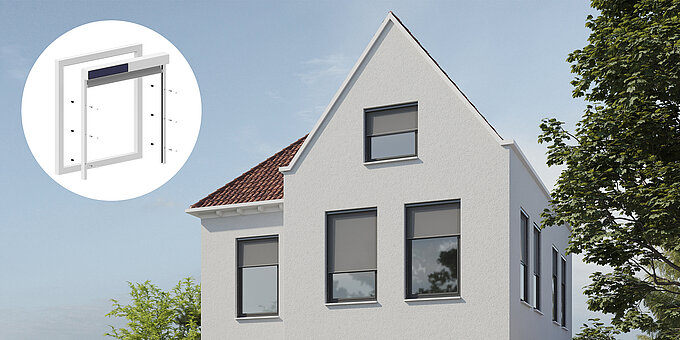 Wohnhaus mit drei montierten Solix FIX Aussenrollos von MHZ, links Montageskizze.