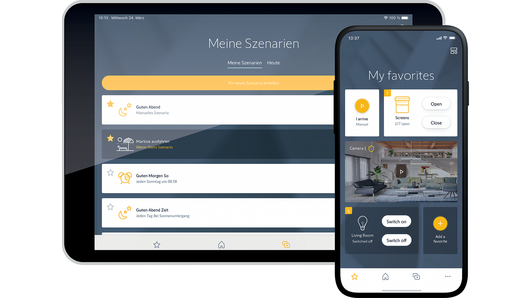 Somfy TaHoma App auf Tablet und Smartphone zur Steuerung von Smart-Home-Szenarien.