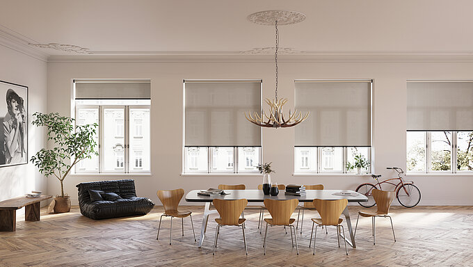 Helles Esszimmer im Altbau mit vier grossen Fenstern, ausgestattet mit halbtransparenten Rollos. Holzfussboden, Designerstühle und dekorativer Stuck an der Decke.