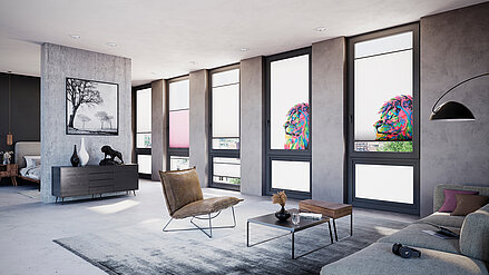 Wohnzimmer mit MHZ Duette® Wabenplissee im farbenfrohen Löwenkopf-Design „Leo“.