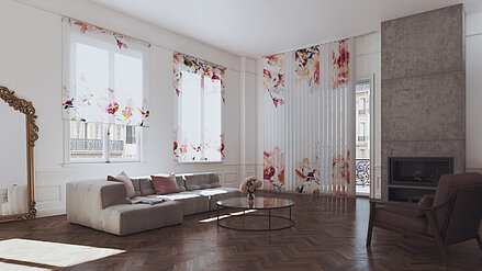 Wohnzimmer mit Flächenvorhang und Rollos im Dessin BLOSSOM in pink.