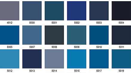 Blaues Farbspektrum mit dunklen, mittleren und leuchtenden Tönen in Rasterdarstellung