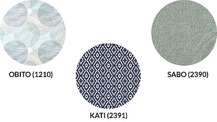 Collage mit drei Rollostoffen aus der Greenery Oceancy Kollektion: OBITO (1210) mit Kreisformen in Ozeanfarben, KATI (2391) mit blau-weissem Ethnomuster und SABO (2390) mit grünlichem Punktemuster