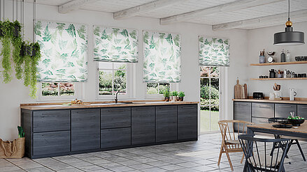 Küche mit MHZ Duette® Wabenplissees im tropischen Blatt-Design.