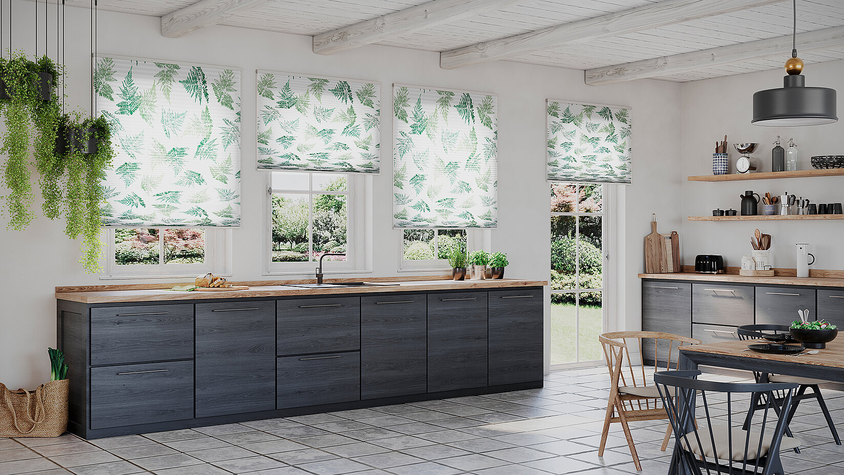 Küche mit MHZ Duette® Wabenplissees im tropischen Blatt-Design.