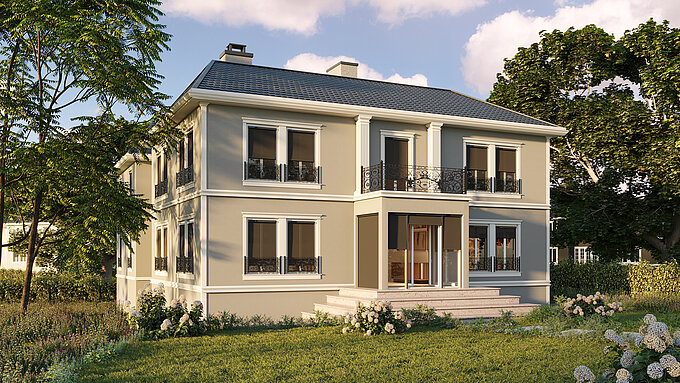 Stadtvilla mit heruntergelassenen MHZ SOLIX Aussenrollos an allen Fenstern, umgeben von Garten.