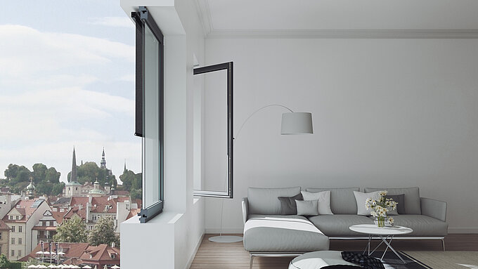 Geöffnetes Fenster mit sichtbar montiertem MHZ SOLIX Aussenrollo im Schnitt, modernes Wohnzimmer im Hintergrund.