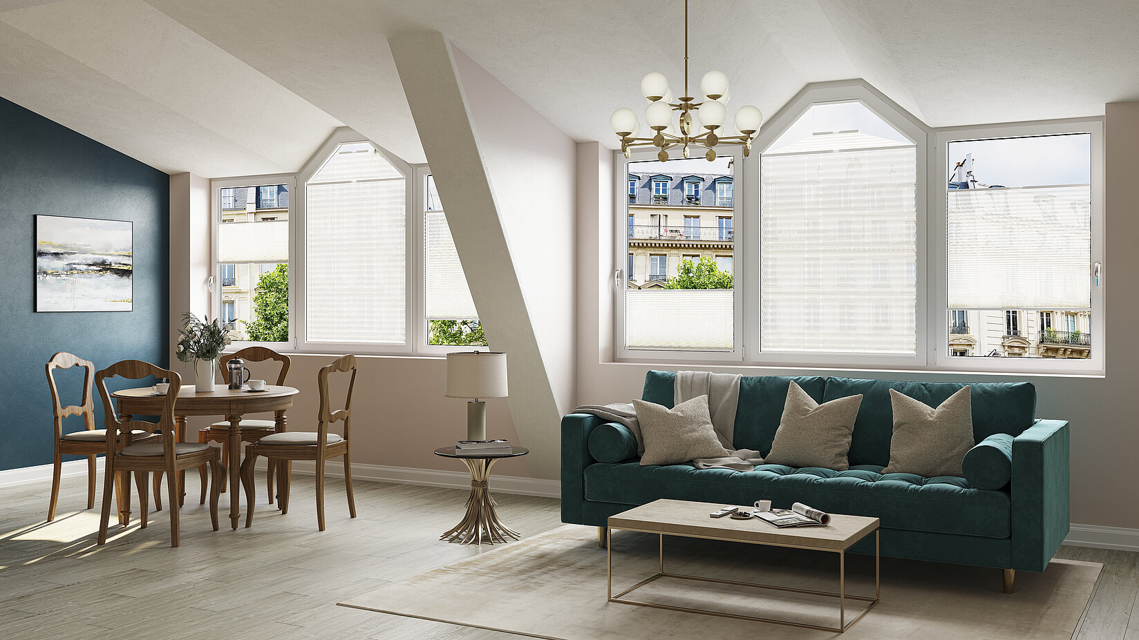 Wohnzimmer mit MHZ-Wabenplissees in sechseckigen Fenstern – Typ MALA – als Sicht- und Sonnenschutz.