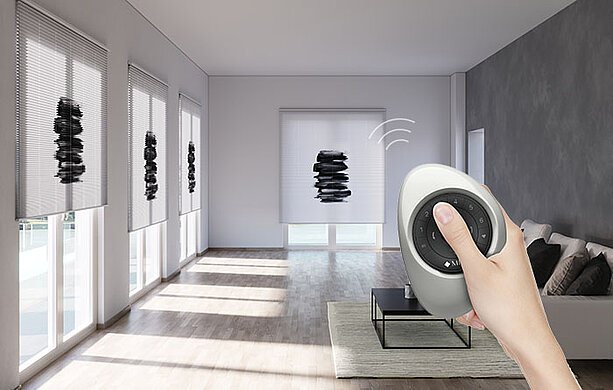 [Translate to Französisch:] Wohnzimmer mit Rollos und im Vordergrund Hand mit Fernbedienung