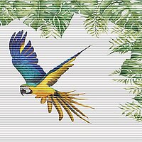 Wabenplissee mit fliegendem Papagei und grünem Blätterdach im tropischen Design aus der Kollektion Spirit of Modern Living