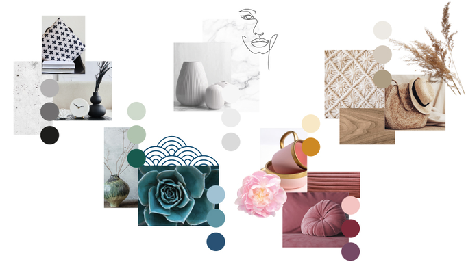 Moodboard mit Farbpaletten und Materialien zur Rollokollektion, inklusive Stoffen, Holz, Keramik und Naturdeko