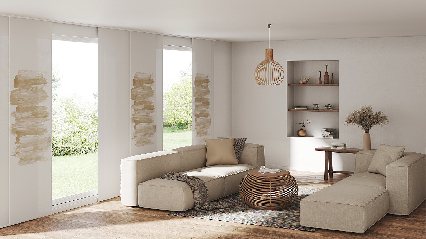 MHZ Flächenvorhang „Artak“ mit Pinselstrich-Motiv in Beige in einem natürlichen, hellen Wohnzimmer.