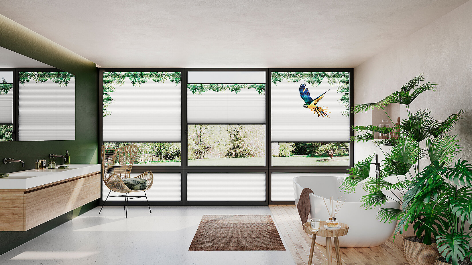 Badezimmer mit tropischem MHZ Duette® Wabenplissee „Jungle Jack 6850“ mit Blättern und Papagei.