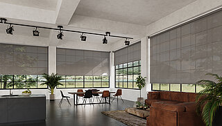 Innenansicht eines modernen Lofts mit grossen Fenstern und halbtransparenten Rollos als Blendschutz und Sonnenschutz