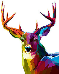 Bunter Hirsch im Polygon-Stil auf weissem Hintergrund – Motiv Waldo für Design-Rollos
