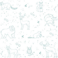 Helle Waldtierzeichnungen in Mintgrün auf Weiss – Motiv „Wildlife“ für dezente Lamellenvorhänge im Kinderbereich