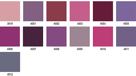 Farbpalette mit Rosa-, Violett- und Lavendeltönen in drei Reihen