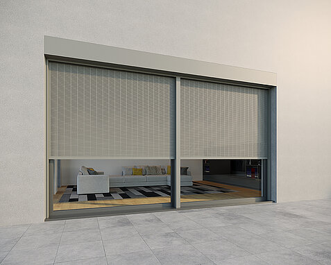 MHZ Metallbehang sonro in grau mit eckigem Aluminium-Vorbaukasten vor grosser Fensterfront, Blick ins Wohnzimmer.