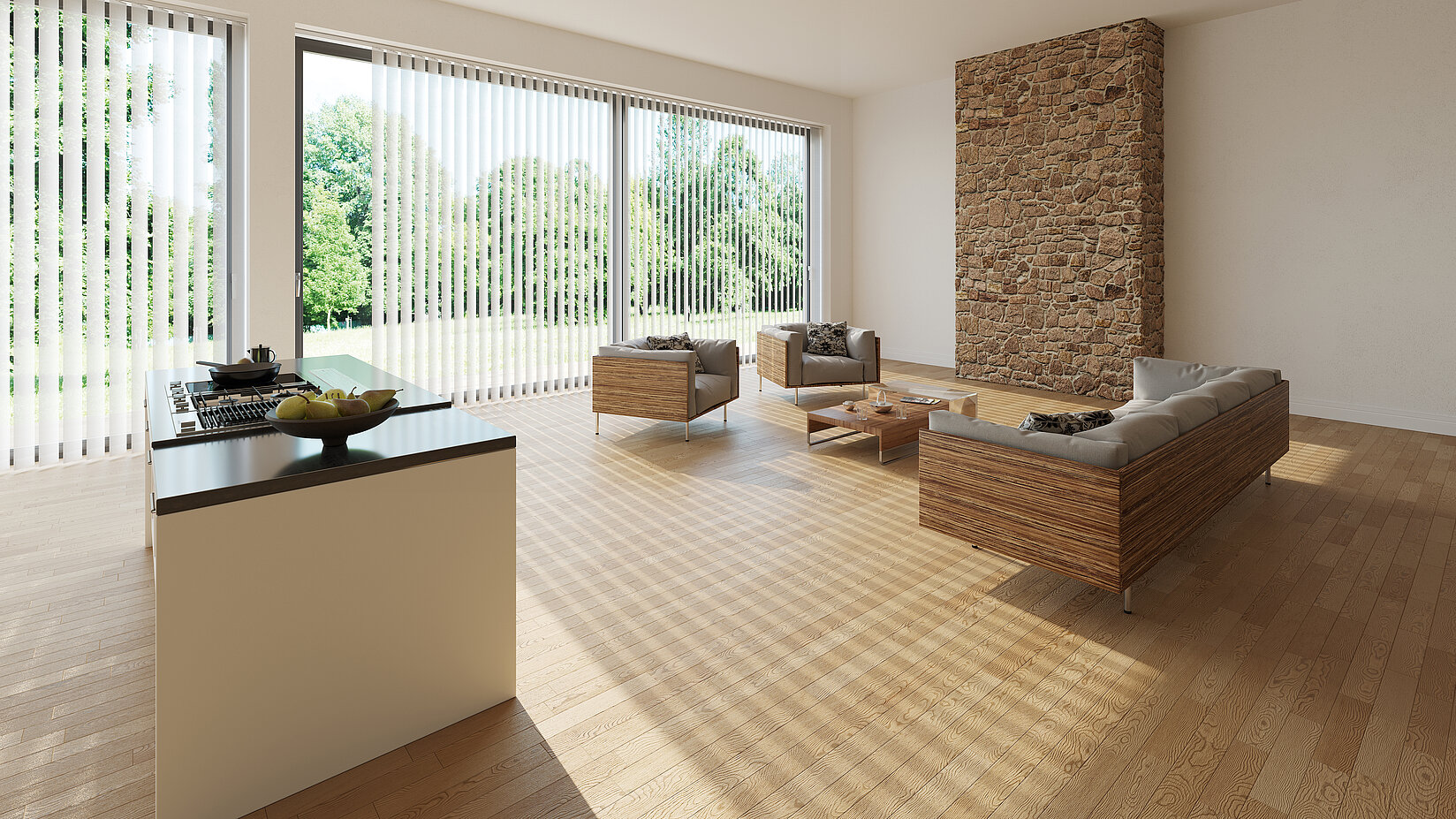 Wohnzimmer mit grossen Fenstern und weissen Lamellenvorhängen, moderne Möbel aus Holz und heller Parkettboden