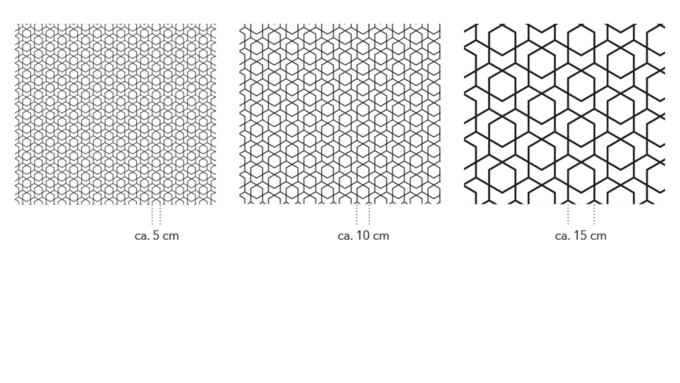Drei Skalierungsbeispiele des MHZ-Designs „Cube“ mit Mustergrössen von ca. 5 cm, 10 cm und 15 cm im Vergleich.