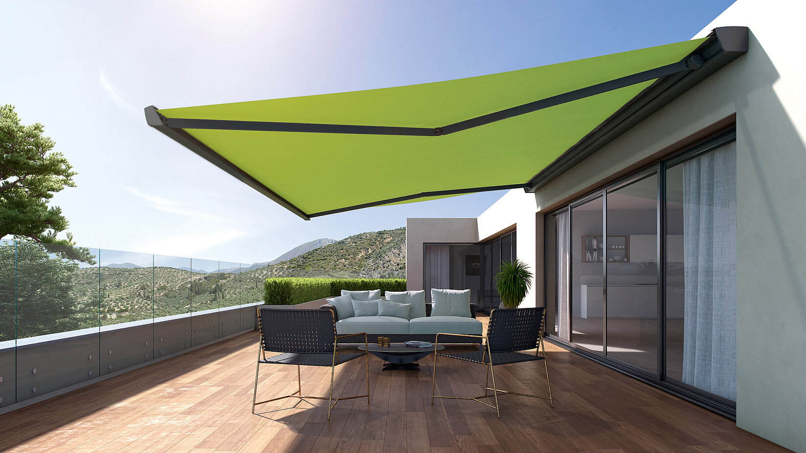 Grüne Gelenkarmmarkise auf Dachterrasse mit Sitzgruppe vor einem modernen Wohngebäude.