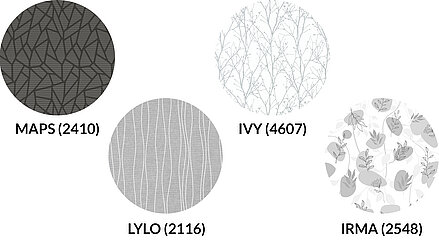 Collage mit vier grautonigen Rollostoffen aus der Industrial Grey Kollektion: MAPS (2410) mit dunklem Linienmuster, LYLO (2116) mit Wellenlinien, IVY (4607) mit Astmotiv und IRMA (2548) mit floralen Formen in Graustufen