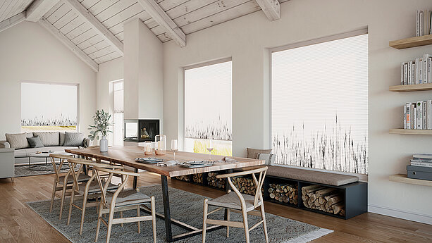 [Translate to Französisch:] Duette Wabenplissee Seagrass im Esszimmer