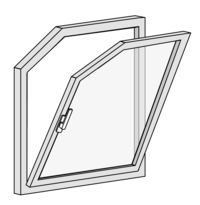 Illustration eines geöffneten Drehfensters mit seitlichem Griff – geeignet für massgefertigte Sonnenschutzlösungen wie Plissees für Sonderfensterformen.