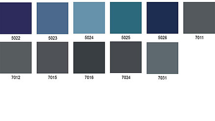 Kühle Blau- und dunkle Grautöne in zwei Reihen nebeneinander dargestellt