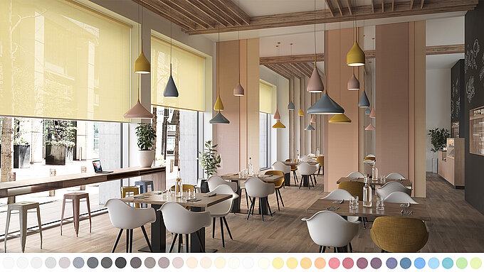 Café mit grossen Fenstern und gelben, lichtdurchlässigen Rollos. Moderne Einrichtung mit bunten Pendelleuchten und Farbpalette am unteren Bildrand.