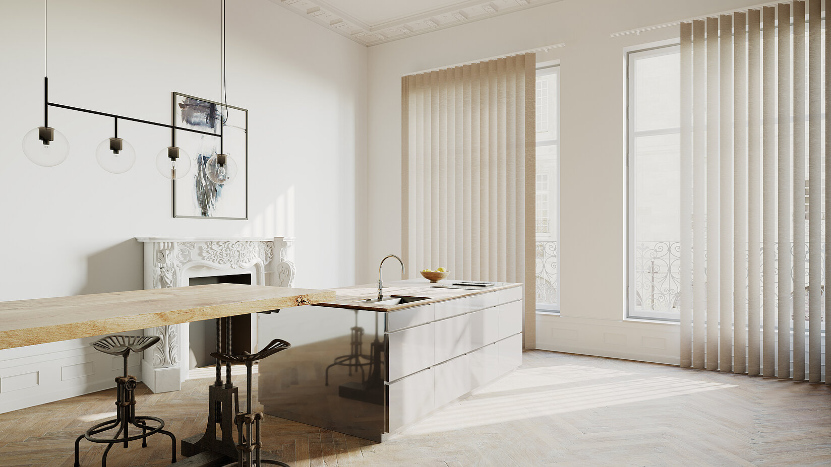 Moderne Küche mit Kochinsel und hohen Fenstern, die mit beigen Lamellenvorhängen ausgestattet sind