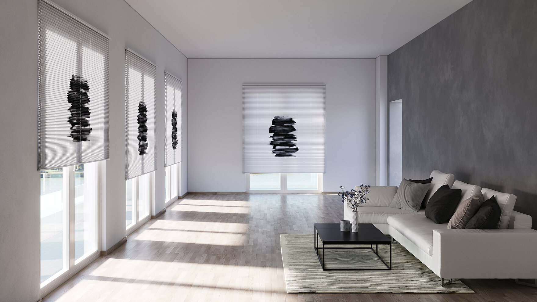 Weisse Plissees mit schwarzem Pinselmotiv an bodentiefen Fenstern in minimalistischem Wohnzimmer.