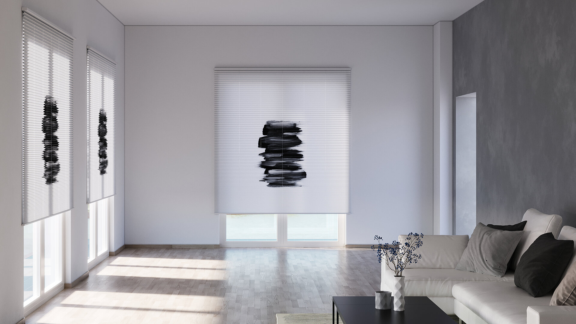 Weisse Plissees mit schwarzem Pinselmotiv an bodentiefen Fenstern in minimalistischem Wohnzimmer.