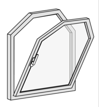 Technische Zeichnung eines fünfeckigen Fensters mit geöffnetem Flügel – geeignet für massgefertigten Sonnenschutz.
