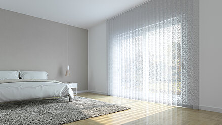 Schlafzimmer mit grossem Fenster und transparentem Stoffvorhang mit Strukturmuster, Bett und Teppich in neutralen Tönen