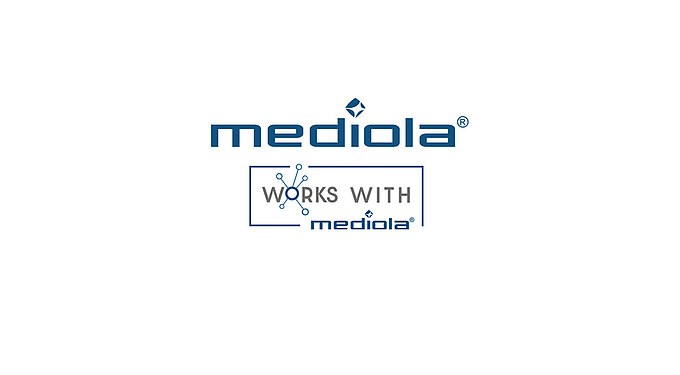 Logo „mediola®“ mit dem Zusatz „WORKS WITH mediola®“ und Netzwerksymbol.