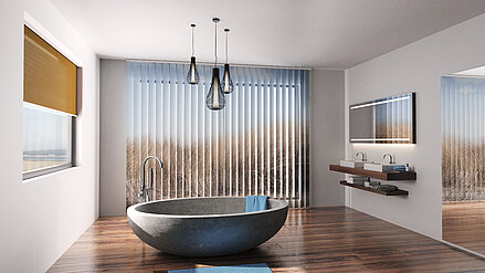 Modernes Badezimmer mit Vertikal-Lamellen im fotorealistischen Dünenmotiv „Dune“ als Sicht- und Sonnenschutz.