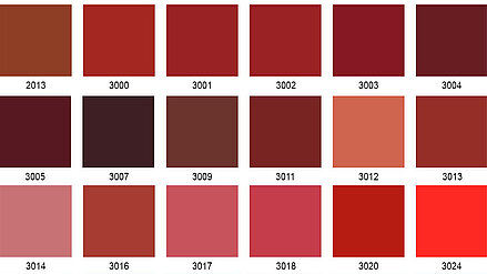 Farbpalette mit tiefen, klassischen und helleren Rottönen in drei Reihen