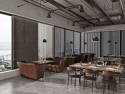 Smart Home kompatible Produkte Lamellenvorhang im Gastronomiebereich