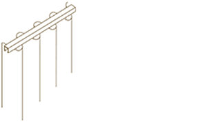 Technische Skizze eines Wave-Vorhangsystems mit Schiene und wellenförmig verlaufendem Faltenband.